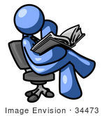 #34473 Clip Art Graphic Of A Blue Guy Character Sitting In A Chair And Reading