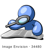 #34480 Clip Art Graphic of a Blue Guy Character Researching A Book With A Magnifying Glass by Jester Arts