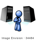 #34484 Clip Art Graphic Of A Blue Guy Character Standing In Front Of Server Towers