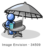 #34509 Clip Art Graphic Of A Blue Guy Character Drinking A Beverage And Using A Laptop While Traveling