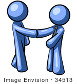 #34513 Clip Art Graphic Of A Blue Guy Character Shaking Hands With A Client