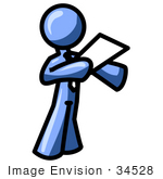 #34528 Clip Art Graphic Of A Blue Guy Character Standing And Reading A Memo