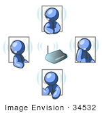 #34532 Clip Art Graphic Of Blue Guy Characters In Four Poses Holding A Meeting With Headsets