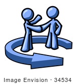 #34534 Clip Art Graphic Of A Blue Guy Character Shaking Hands With A Client In The Center Of An Arrow