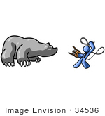 #34536 Clip Art Graphic Of A Blue Guy Character Fighting A Bear With A Stool And Whip