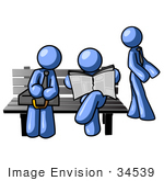 #34539 Clip Art Graphic Of Blue Guy Characters Waiting At A Bus Stop Bench Standing Reading A Newspaper And Sitting