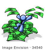 #34540 Clip Art Graphic Of A Blue Guy Character On A Pile Of Cash Throwing Money