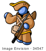 #34547 Clip Art Graphic Of A Blue Guy Character In Historical Clothing Holding A Rifle And Pointing