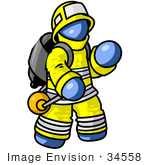 #34558 Clip Art Graphic Of A Blue Guy Character Fireman Waving