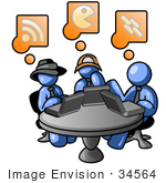 #34564 Clip Art Graphic Of Blue Guy Characters On Laptops At A Table