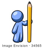 #34565 Clip Art Graphic Of A Blue Guy Character Standing By A Pencil