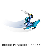 #34566 Clip Art Graphic Of A Blue Guy Character With A Sword On A Magic Carpet