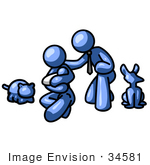 #34581 Clip Art Graphic Of A Blue Guy Character With His Family And Pets