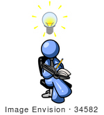 #34582 Clip Art Graphic Of A Blue Guy Character Writing Ideas Down