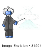 #34594 Clip Art Graphic Of A Blue Guy Character Of Albert Einstein Pointing To A Ufo