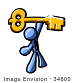 #34600 Clip Art Graphic of a Blue Guy Character Holding A Skeleton Key by Jester Arts
