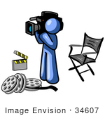 #34607 Clip Art Graphic of a Blue Guy Character With Film Reels, A Clapboard And Director’s Chair, Filming A Movie by Jester Arts