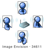 #34611 Clip Art Graphic Of A Blue Guy Character In Four Poses Chatting On A Headset