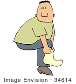 #34614 Clip Art Graphic Of A Caucasian Guy Lifting His Leg To Put A Sock On Or To Put A Cover Over His Shoe