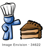 #34622 Clip Art Graphic Of A Blue Guy Character Wearing A Chefs Hat And Showing Off A Tasty Frosted Slice Of Chocolate Cake