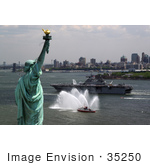 #35250 Stock Photo Of The Amphibious Assault Ship Uss Kearsarge On The Hudson River Passing By The Statue Of Liberty In New York During The Parade Of Ships For Fleet Week 2008