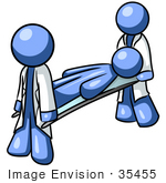 #35455 Clip Art Graphic Of A Blue Guy Character Being Carried By Paramedics On A Stretcher