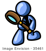 #35461 Clip Art Graphic Of A Blue Guy Character Kneeling And Using A Magnifying Glass