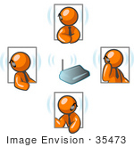 #35473 Clip Art Graphic Of Orange Guy Characters In Four Poses Holding A Meeting With Headsets