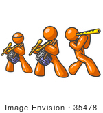 #35478 Clip Art Graphic Of Orange Guy Characters Playing Drums And Flutes In A Band