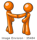 #35484 Clip Art Graphic Of Orange Guy Characters Shaking Hands At The Office