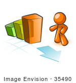 #35490 Clip Art Graphic Of An Orange Guy Character Looking Down At An Arrow On A Bar Graph