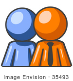 #35493 Clip Art Graphic Of An Orange Guy Character Standing In Front Of His Blue Employee