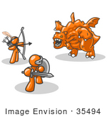 #35494 Clip Art Graphic Of An Orange Guy Characters Fighting Off A Dragon Beast With Weapons