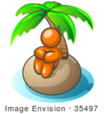 #35497 Clip Art Graphic Of An Orange Guy Character Sitting Alone Under A Palm Tree On A Deserted Tropical Island