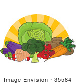 #35584 Clip Art Graphic Of The Sun Bursting Behind Fresh And Organic Produce; Lettuce Potatoes Tomatoes Carrots Broccoli Onions Radishes And Eggplants