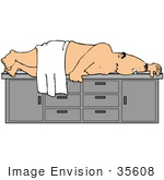 #35608 Clip Art Graphic Of A Nude Man Lying Nervously On A Table Waiting For A Colonoscopy