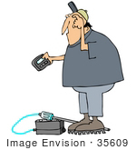 #35609 Clip Art Graphic Of A Man Scratching His Head And Reading A Gas Meter Pager