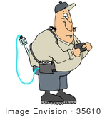 #35610 Clip Art Graphic Of A Caucasian Man Wearing A Gas Meter Detector And Checking A Pager
