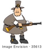 #35613 Clip Art Graphic Of A Male Pilgrim Hunting For Turkey Birds With A Rifle
