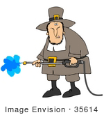 #35614 Clip Art Graphic Of A Male Pilgrim Spraying Off A Building With A Power Washer