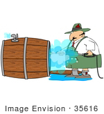 #35616 Clip Art Graphic Of An Oktoberfest Man Spraying Out A Wooden Beer Barrel With A Pressure Washer
