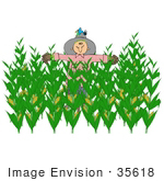 #35618 Clip Art Graphic Of A Scarecrow With A Bird Nesting In His Hat In The Center Of A Corn Crop