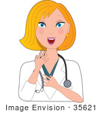 #35621 Clip Art Graphic Of An Energetic Blond Haired Blue Eyed Female Caucasian Nurse Doctor Or Veterinarian Wearing A Stethoscope Around Her Neck And Smiling