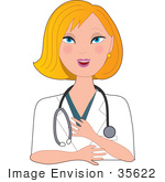 #35622 Clip Art Graphic of a Blond Haired, Blue Eyed Female Caucasian Nurse, Doctor Or Veterinarian Wearing A Stethoscope Around Her Neck, Smiling While Talking by Maria Bell