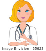 #35623 Clip Art Graphic Of A Professional Blond Haired Blue Eyed Female Caucasian Nurse Doctor Or Veterinarian Wearing A Stethoscope Around Her Neck Listening