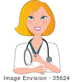 #35624 Clip Art Graphic Of A Blond Haired Blue Eyed Female Caucasian Nurse Doctor Or Veterinarian Wearing A Stethoscope Around Her Neck And Smiling Nicely At A Client