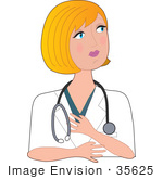 #35625 Clip Art Graphic Of A Sad Blond Haired Blue Eyed Female Caucasian Nurse Doctor Or Veterinarian Wearing A Stethoscope Around Her Neck And Looking Off To The Right While Delivering Bad News