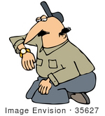 #35627 Clip Art Graphic Of A Kneeling Caucasian Man Checking The Time On His Watch