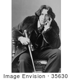#35630 Stock Photo Of Oscar Wilde In A Coat Sitting In A Chair With His Hand Touching His Face Holding A Walking Stick