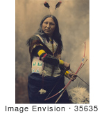 #35635 Stock Photo Of A Native American Named Shout At Oglala Indian With Two Feathers In His Hair Looking At The Viewer And Holding A Bow And Arrows
